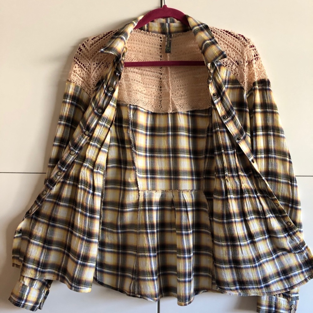Free People Plaid & Lace Button Down - Picture 2 of 6